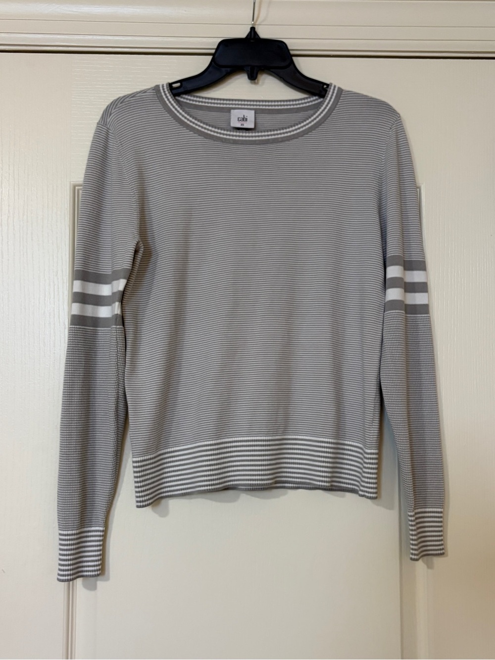CAbi Light Gray and White Striped Knit Top
